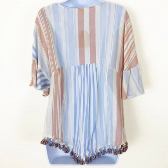 KORI Salmon&Blue Striped Tassel Top Beach Vneck Oversized Size MEDIUM Flowy NWOT - Picture 6 of 7
